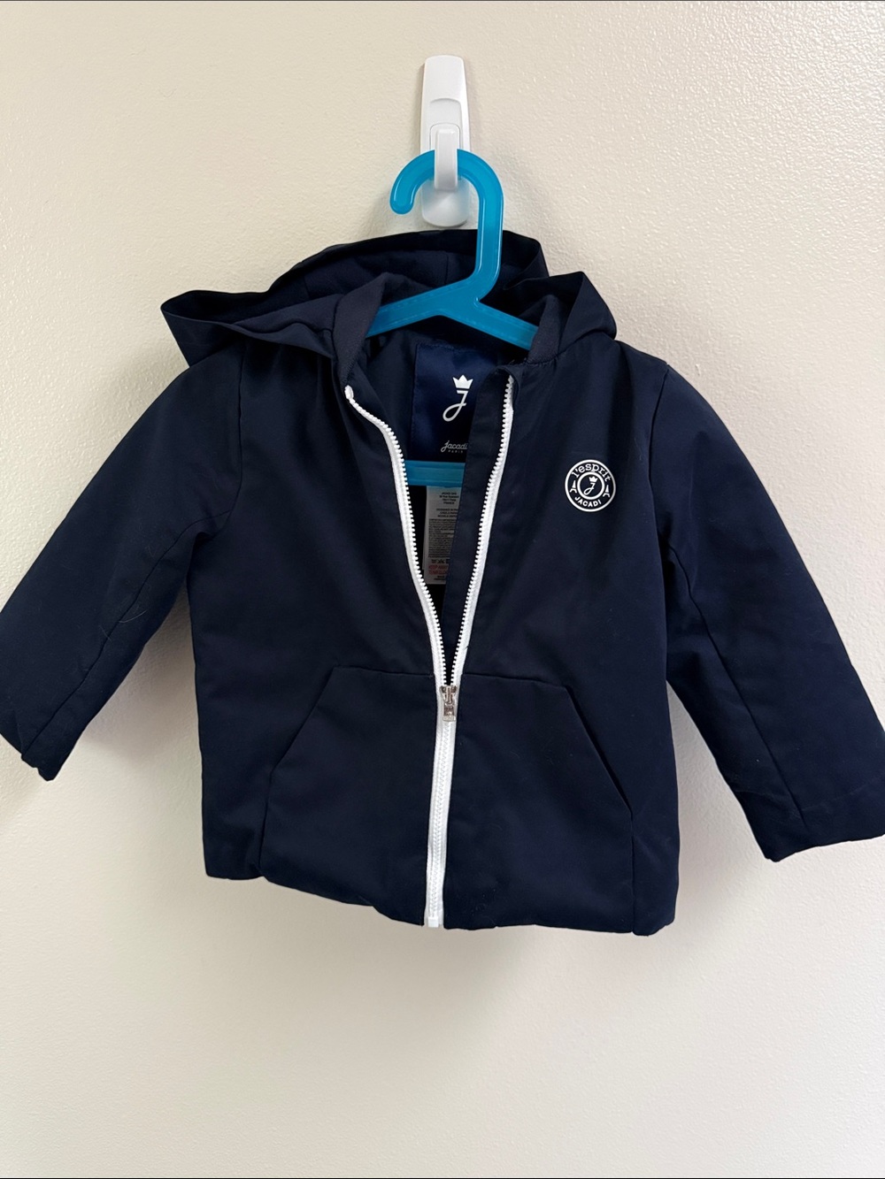 Baby Boy Navy Hooded Zip Jacket with White Zipper